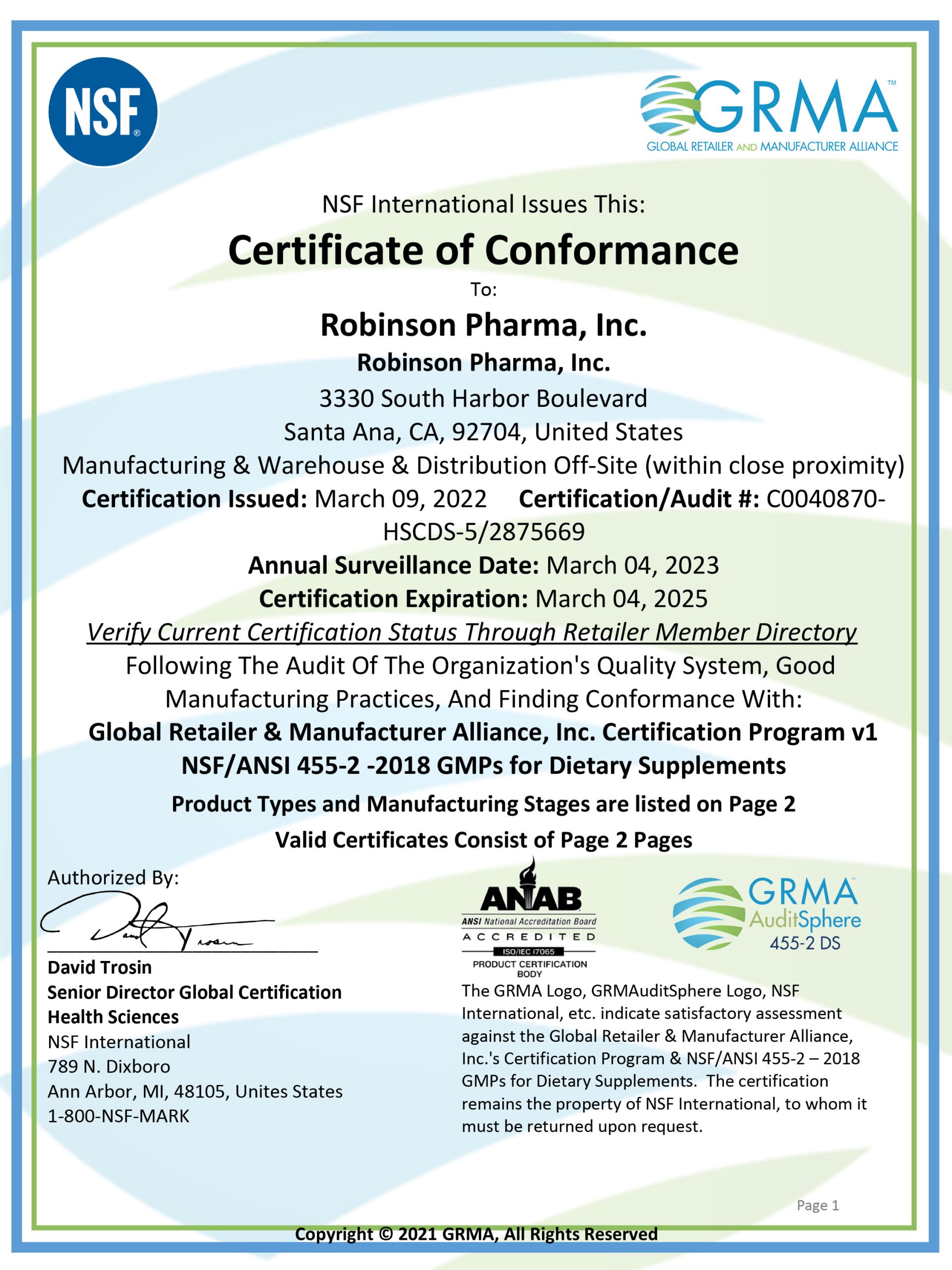 Certifications Robinson Pharma, Inc.