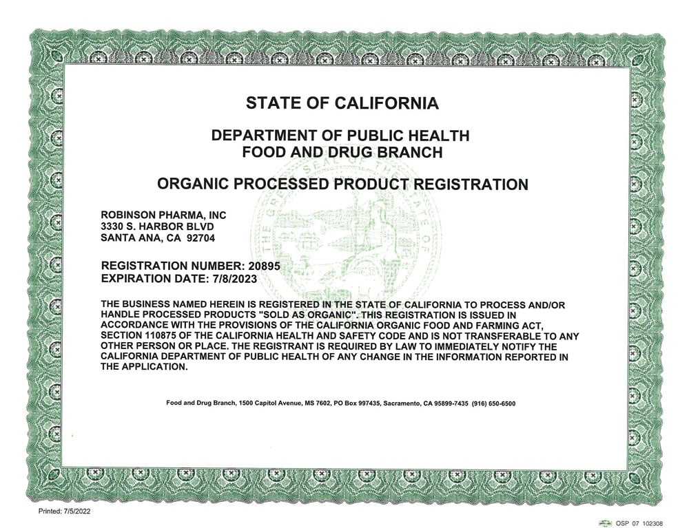 Certifications Robinson Pharma, Inc.