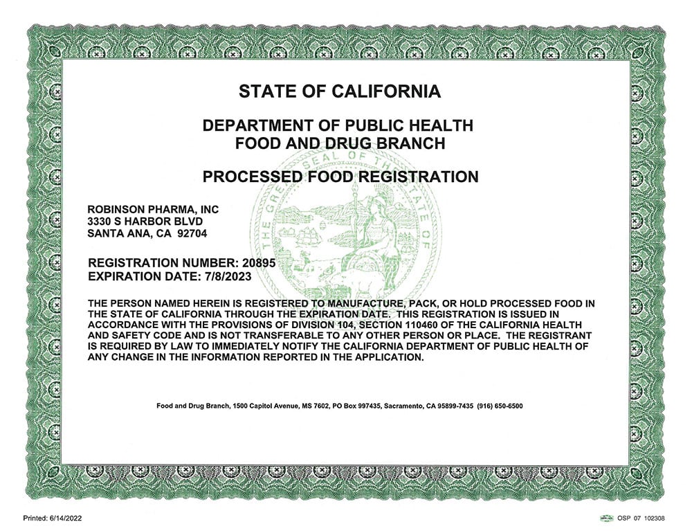 Certifications Robinson Pharma, Inc.