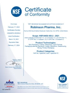 Certifications Robinson Pharma, Inc.