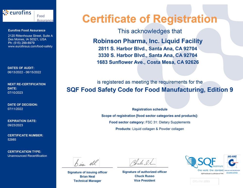 Certifications Robinson Pharma, Inc.