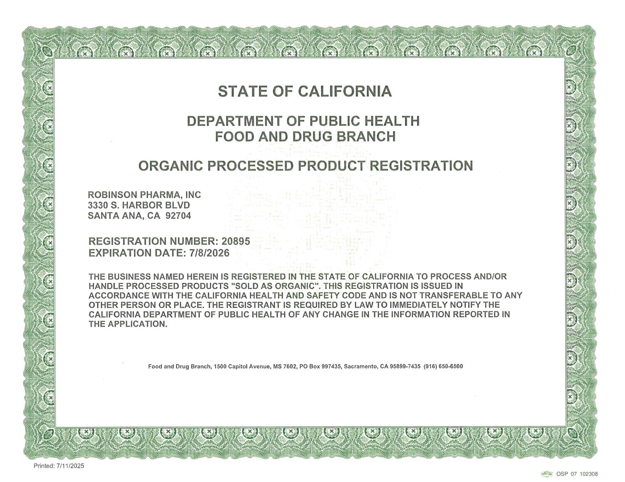 Organic Processed Product Registration - H1 (Exp. 07-08-26)
