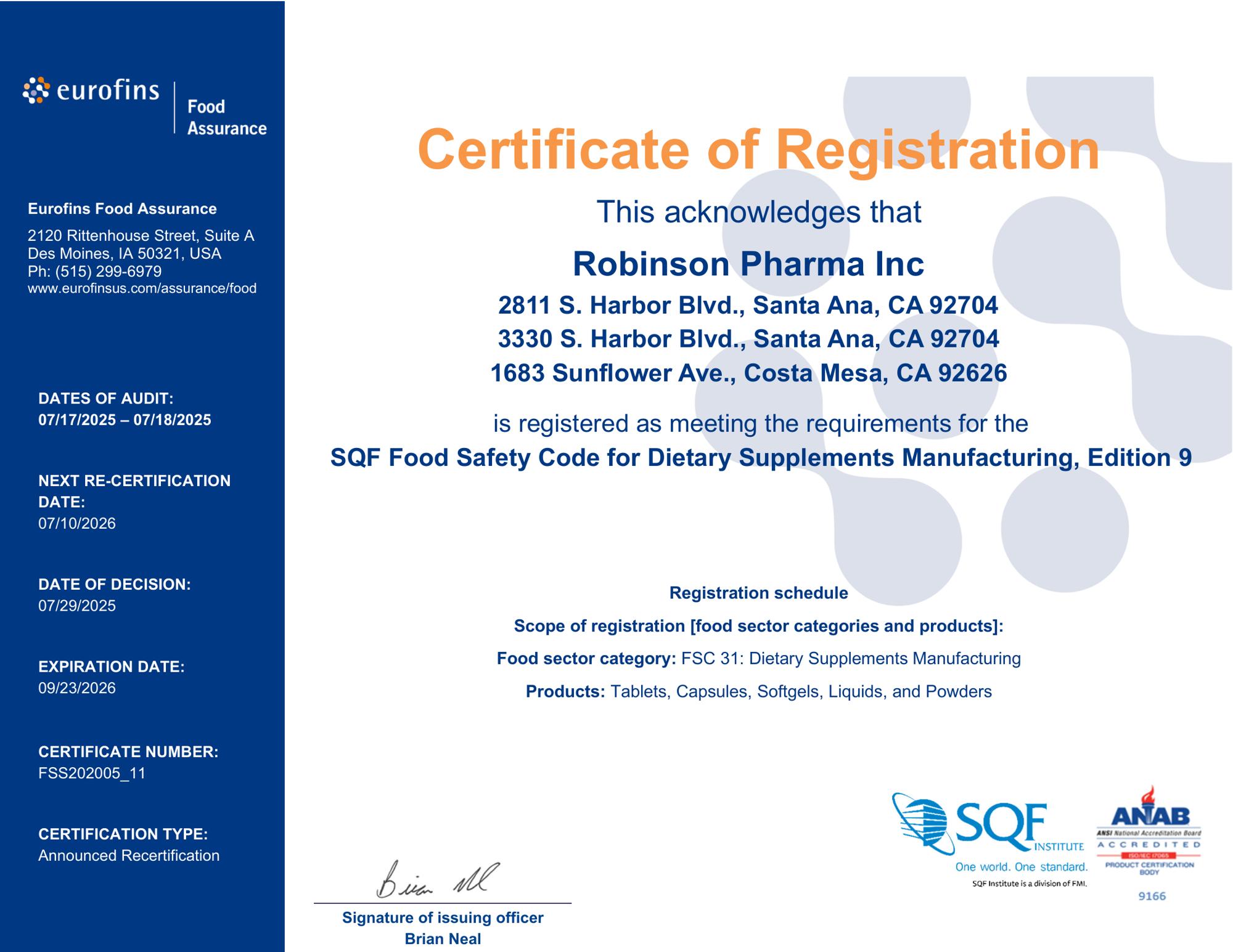 SQF Certificate - Robinson Pharma Inc - JUL2025
